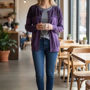 New York & Company Purple Lace Yoke Button-Up Soft Cardigan Crystal Buttons